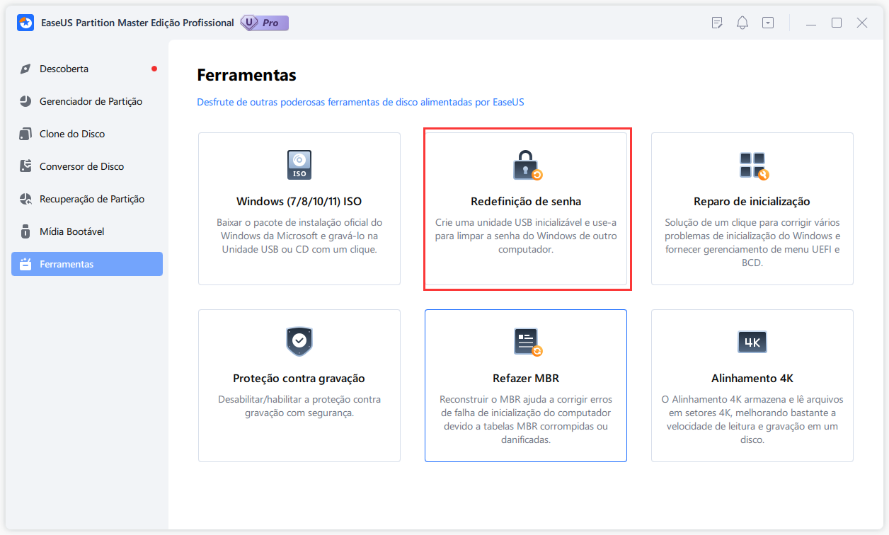 clique no recurso de redefinição de senha