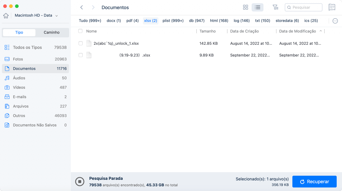 digitalize a unidade selecionada para encontrar arquivos excel perdidos