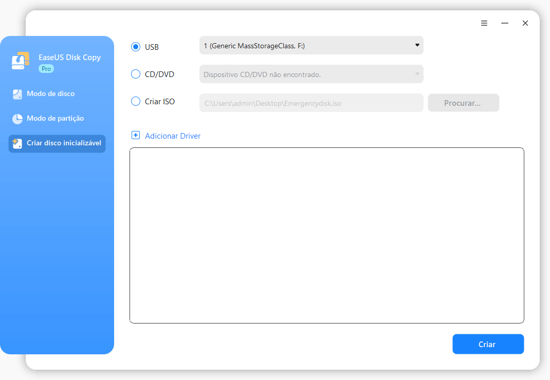 selecione o dispositivo para criar o disco inicializável