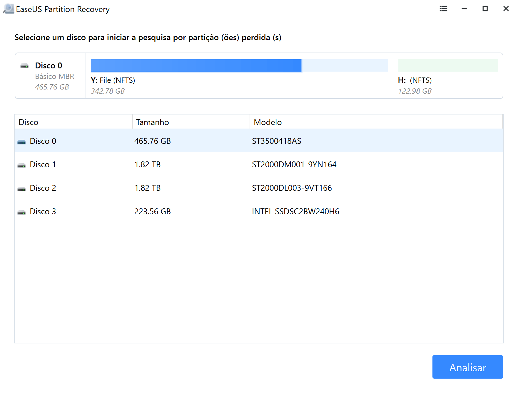 Selecione o disco para verificar a partição perdida.