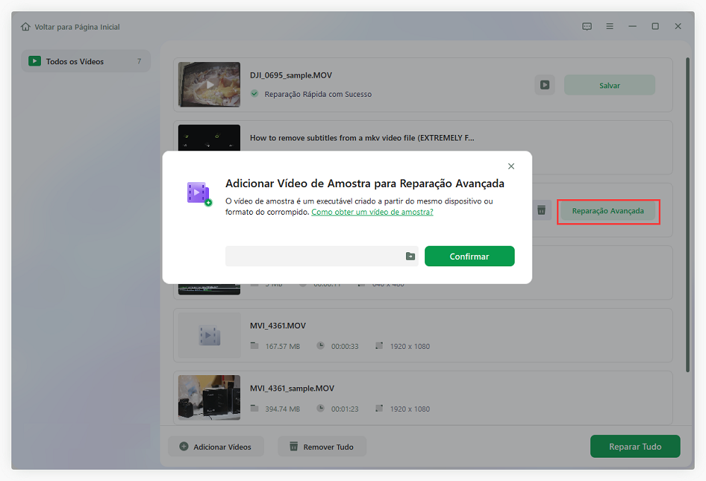 adicionar vídeos de amostra para executar o reparo avançado