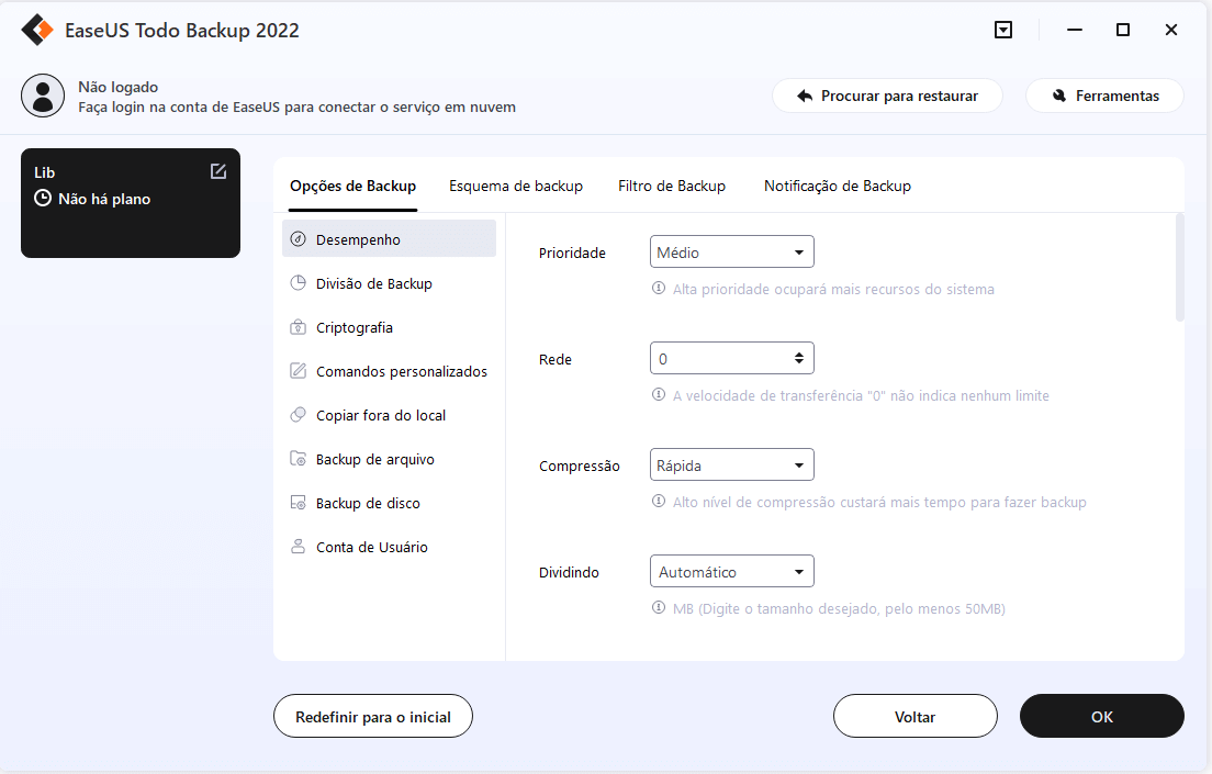 opções de backup