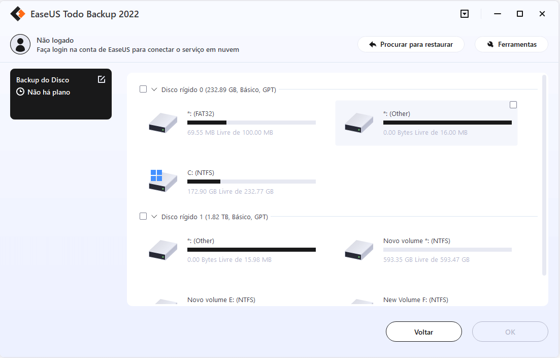 escolha o disco rígido/partição que deseja fazer backup