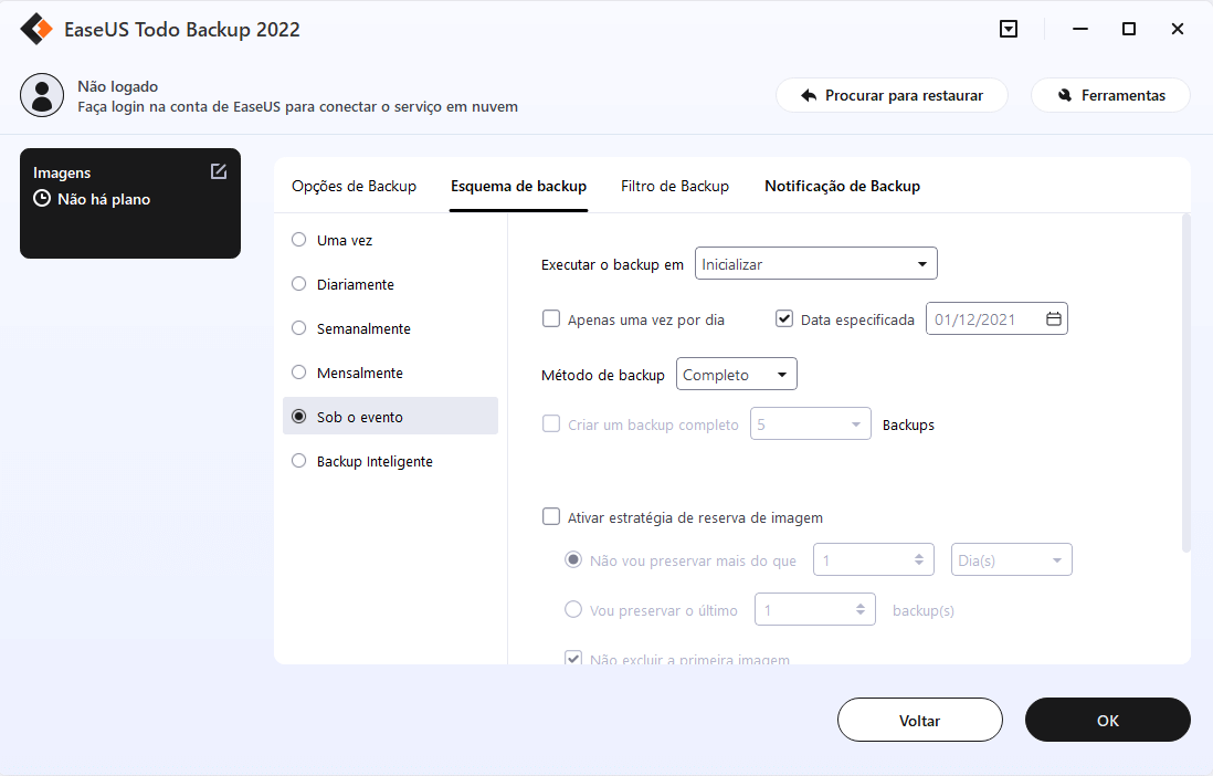 Defina como backup quando o sistema for inicializado ou desligado.