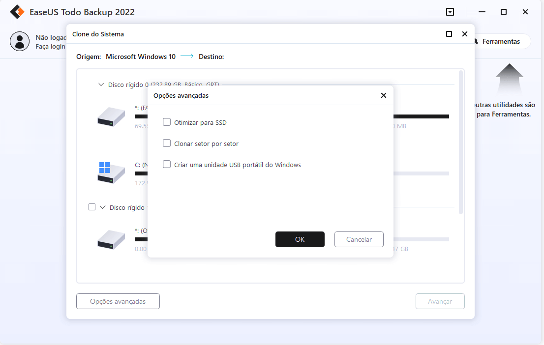 escolha uma unidade de destino para salvar seu Windows 10