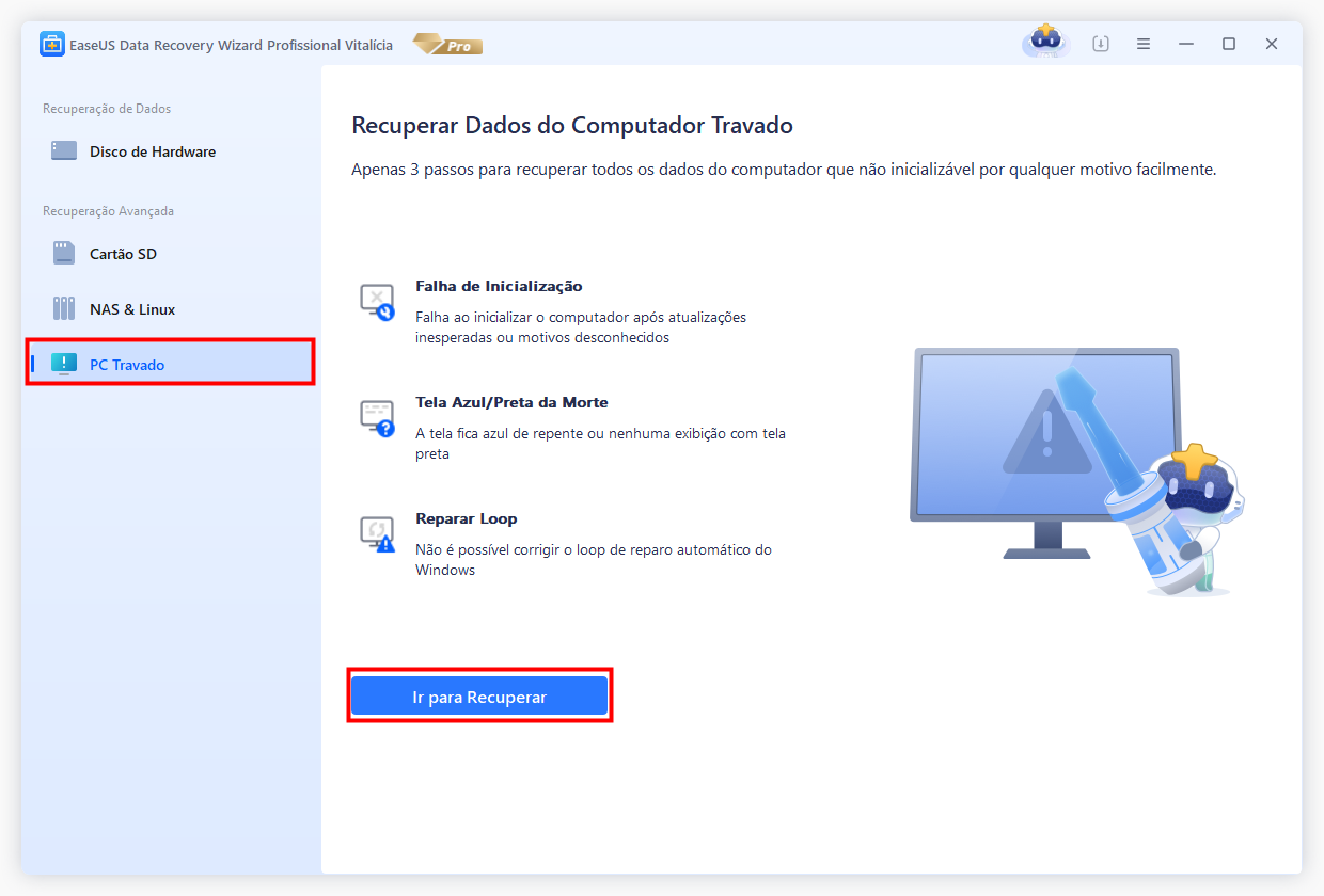escolha recuperação de pc travado